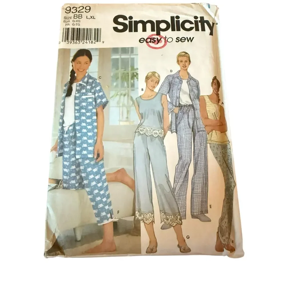 Simplicity 9329 Easy to Sew Pajamas Set L XL Tank Short or Long Sleeve Pants Cut